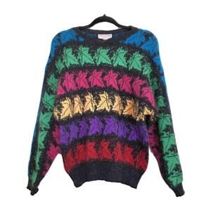 Vintage Geometric Rainbow Leaf Sweater Womens L Fuzy Pride Artsy 80s Angora Wool